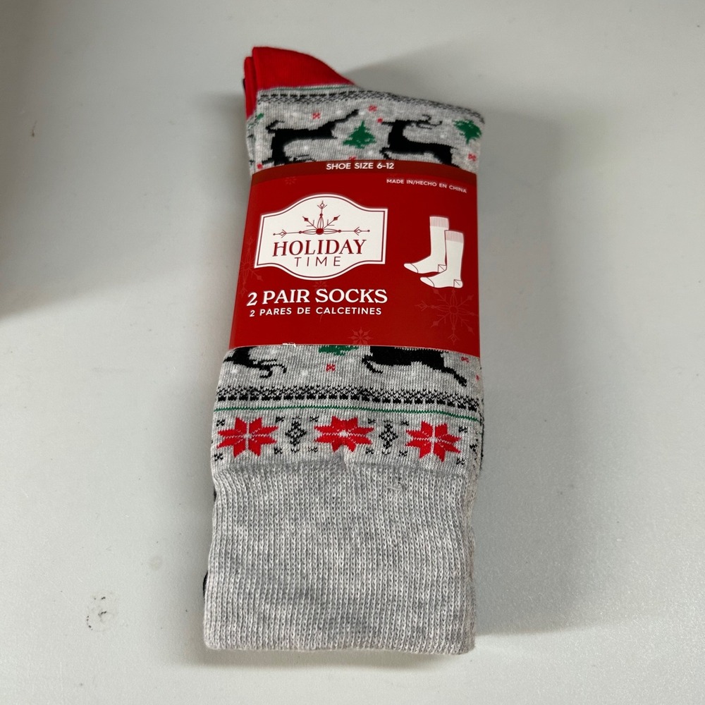 Holiday Time Christmas Socks 2-Pair Reindeer Buffalo Check Shoe Size 6-12 NWT